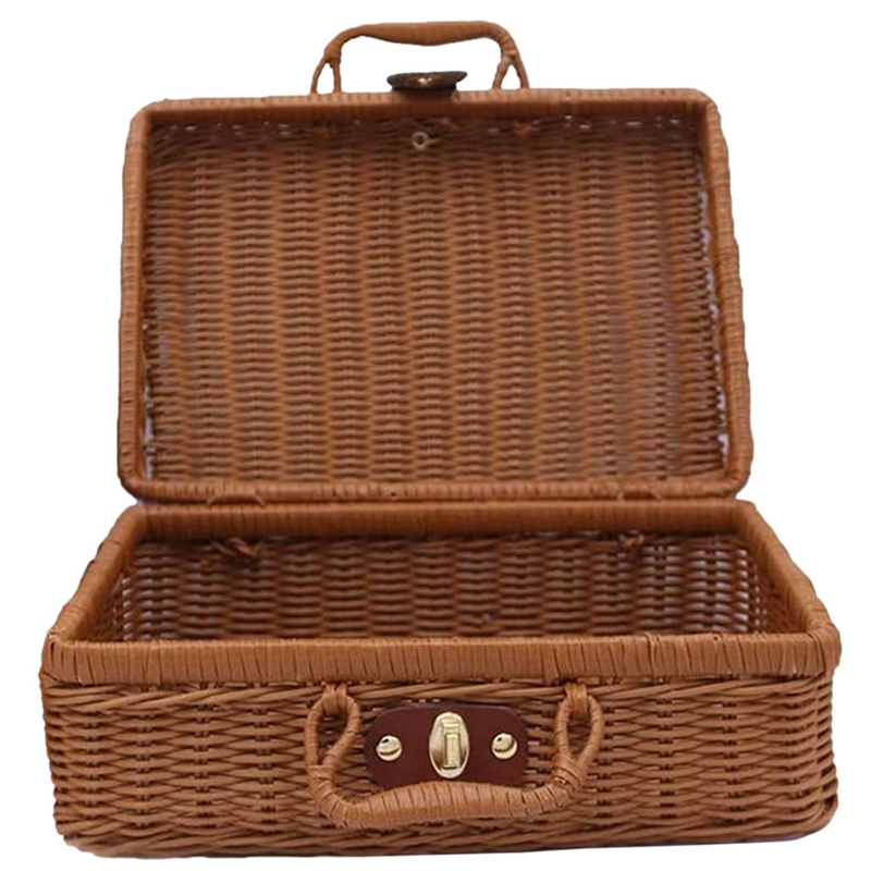 Picnic Basket,Woven Wicker Vintage Suitcase Woven Storage Basket Rattan