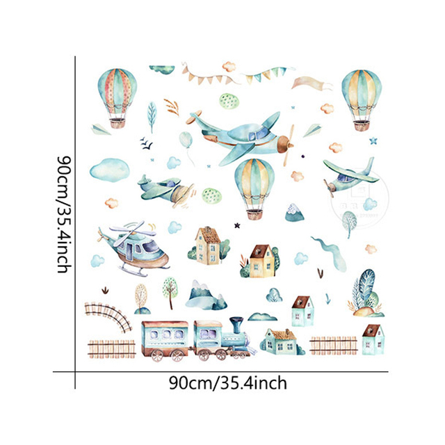 【Folio & Light】Watercolor Cartoon Animals Hot Air Balloon Wall Stickers ...