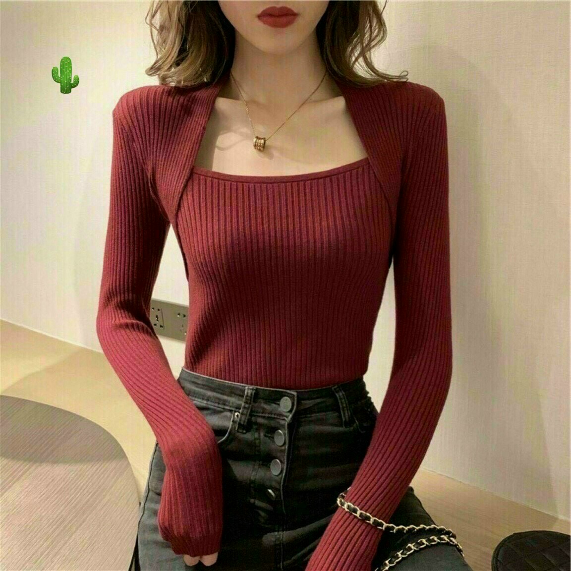 Áo Thun Gân Tay Dài Cổ Kiểu