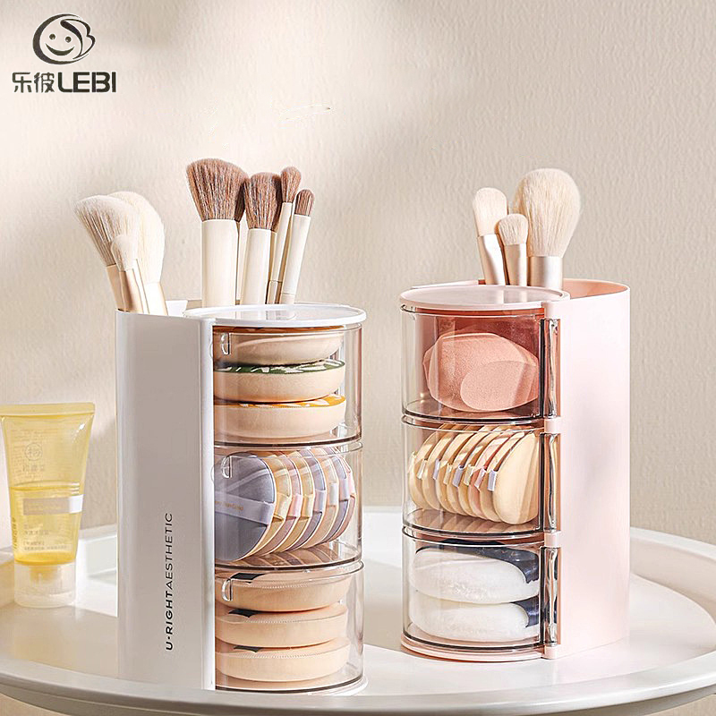 Powder puff storage box, makeup brush two-in-one storage artifact, dressing table storage rack, rotating cosmetics storage box