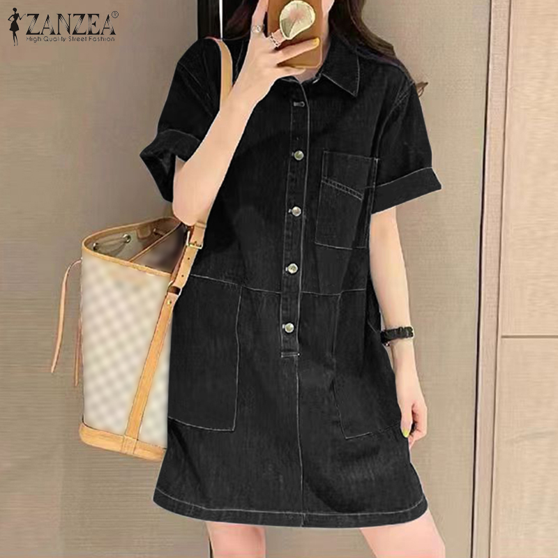ZANZEA%20Korean%20Style%20Women's%20Dress%20New%20Fashion%20Short%20Sleeve%20Lapel%20Denim%20Shirtdress%20Plain%20Mini%20Dresses%20-%20Image%209