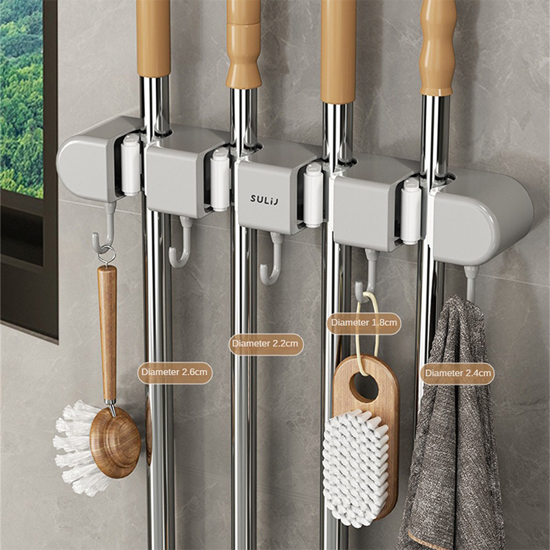Treo tường móc treo cây lau nhà Giá treo cây lau vệ sinh bàn chải Giá treo chổi móc dính đa năng giá treo không đục lỗ (4 khe với 5 móc)