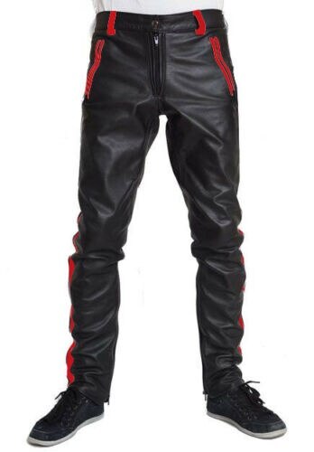 Men's COWHIDE LEATHER PANTS COLOR STRIPES BIKERS PANTS