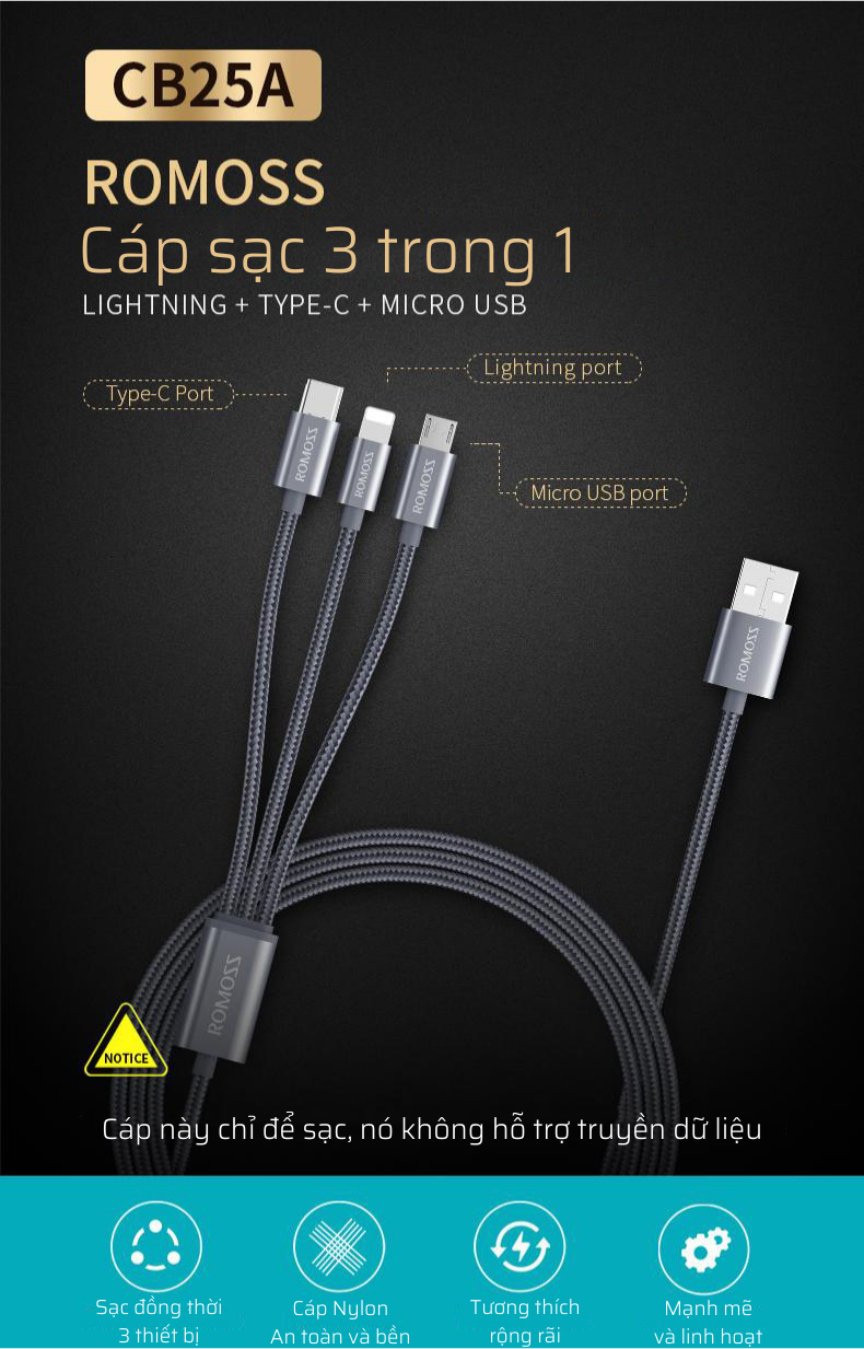 Cáp sạc Romoss, cáp sạc 3in1 CB25A cổng sạc Type-C Lightning Micro USB dây dài 2m