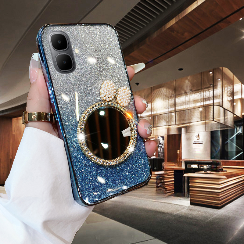New Phone case infinix Smart10 Plus Back cover with Bow Makeup Mirror Luxury Shiny Gradient Clear Plating Glitter Girls Slim For infinix Smart 10+ case. 