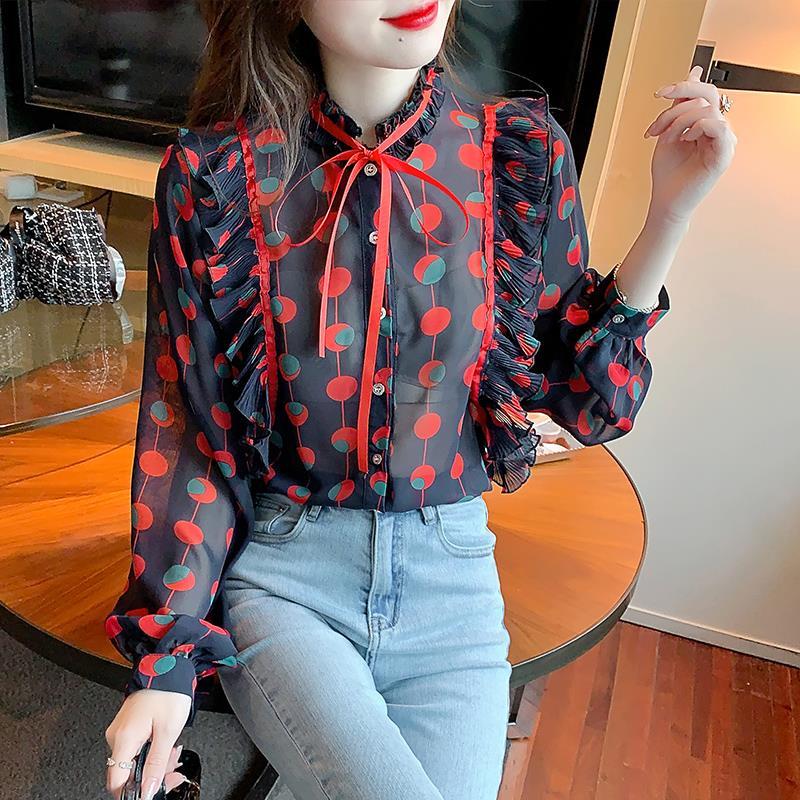 Bow Polka Dot Shirt Women's Spring Dress 2023 New Style Flanged Splicing Lace Stand Collar Top