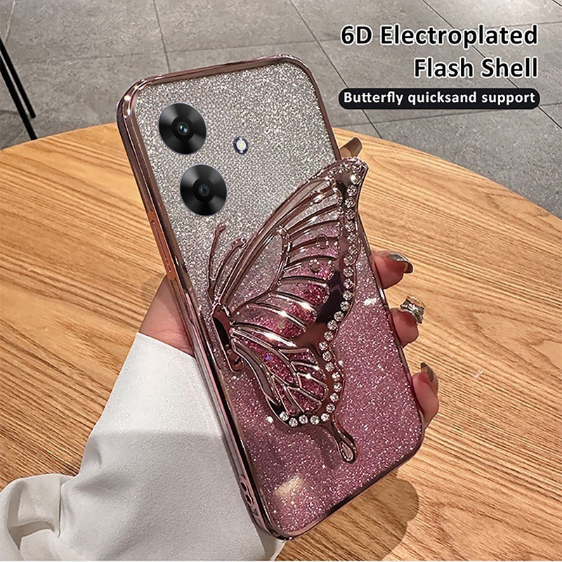 Phone Cover Realme Note 60X Back case Diamonds butterfly holder shiny hourglass of quicksand transparent soft silicone For Realme Note 60X Phone cases.