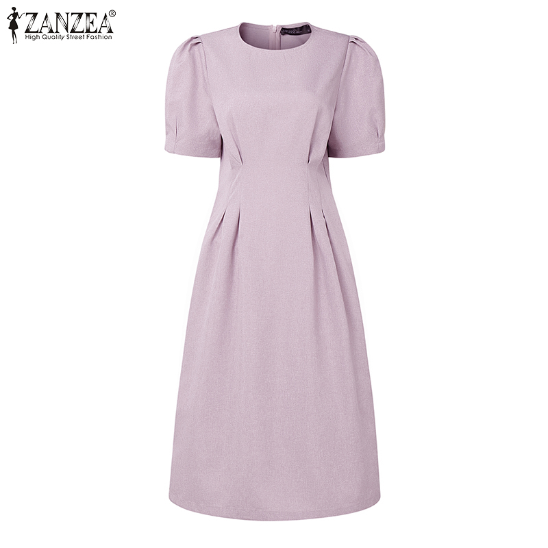 ZANZEA%20Korean%20Style%20Women%20Formal%20Office%20Plain%20Crew%20Neck%20Dresses%20Puff%20Sleeve%20Midi%20Dress%20#0609%20-%20Image%206