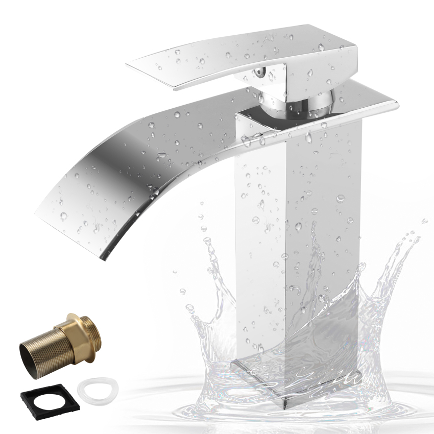Bathroom Sink Taps Chrome, AIMOYO Waterfall Basin Mixer Tap, Modern Single Lever Brass Bathroom Taps Mixer Hot and Cold Water Sink Taps with UK Standard Hoses