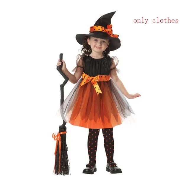 Halloween Masquerade Cosplay Girls Witch Costume with Props Accessories Dress Performance Stage Witch Cosplay Girls Clothing