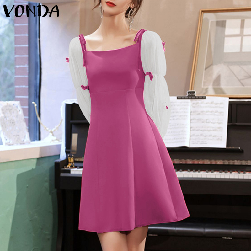 VONDA%20Women's%20Girlish%20Lantern%20Sleeve%20Contrast%20Color%20Dress%20Bowknot%20A-Line%20Versatile%20Daily%20Sundress%20(Korean%20Causal)%20-%20Image%202