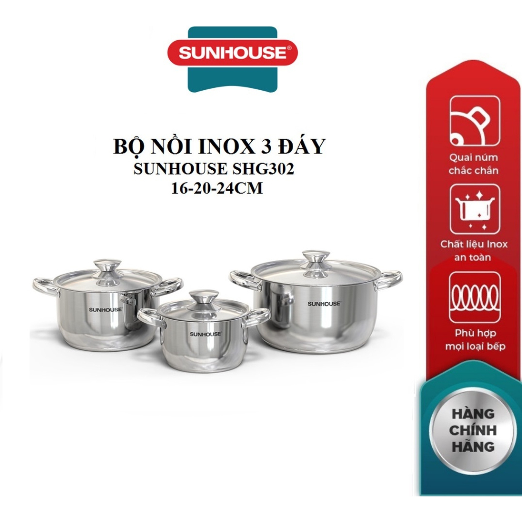 Bộ nồi inox 3 đáy sunhouse shg302
