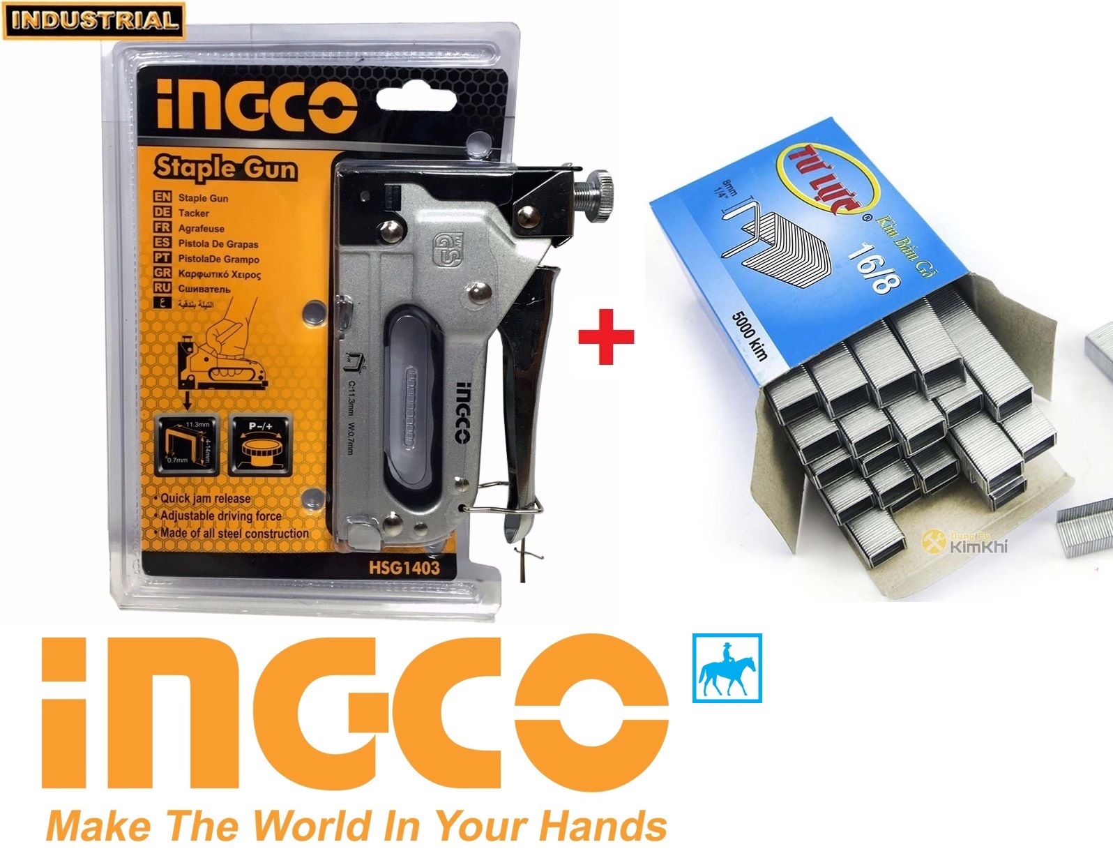 Kìm bấm đinh ghim điều chỉnh tăng lực 4-14mm Tặng 5000 đinh ghim 16-6 INGCO HSG1403