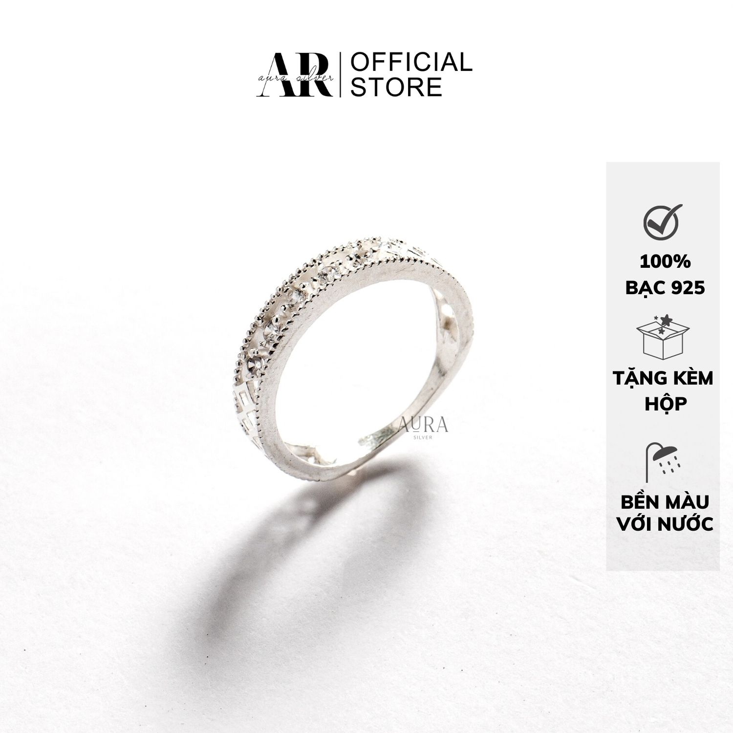 Nhẫn nữ bạc 925 nhẫn bạc hoạ tiết caro đính đá-AURASILVER-N34 thumbnail