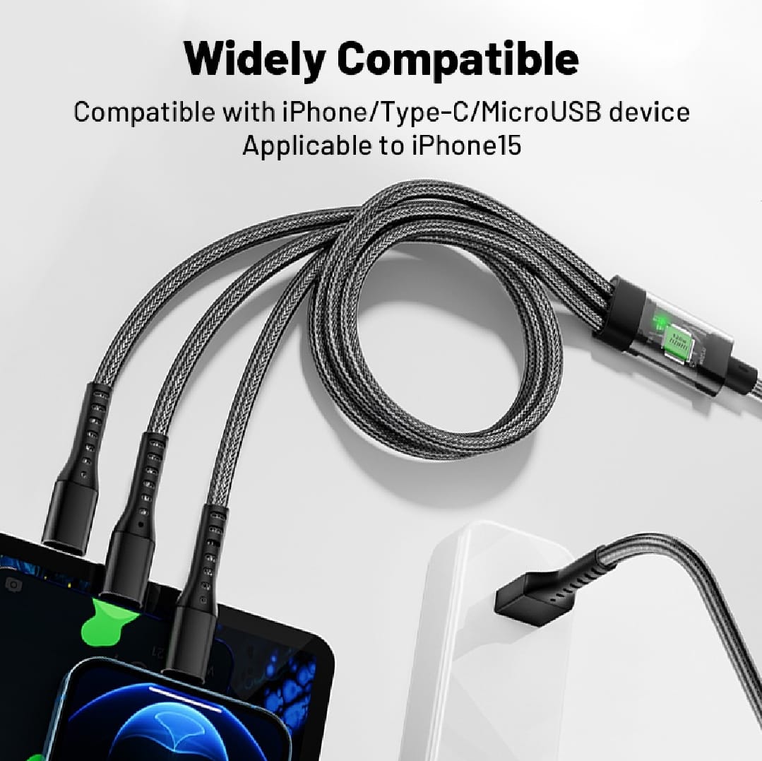 3 in 1 100W Fast Charging Data Cable Automatic Switch Off System. 