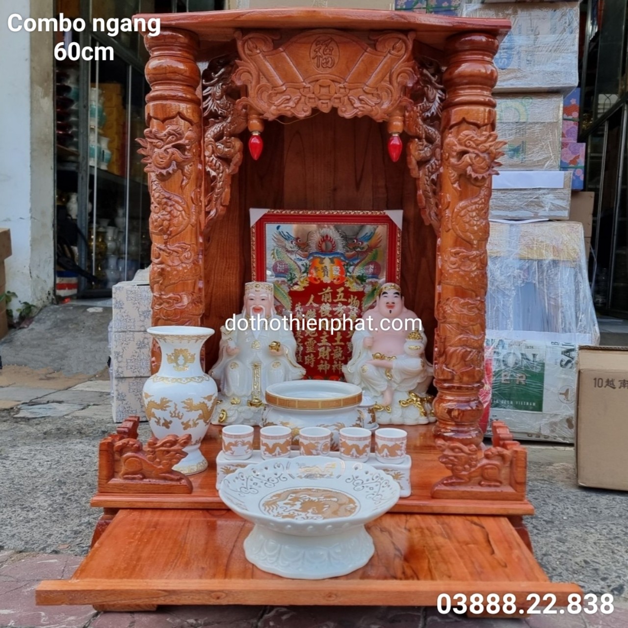 Combo bộ bàn thờ thần tài ông địa gỗ xoan ngang 60cm mẫu mới