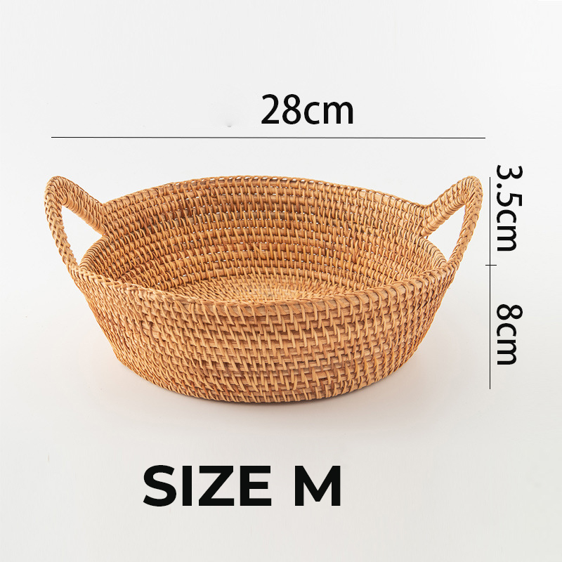 Rổ mây tre đan đựng đồ vintage - Khay mây tròn có tay cầm xịn xò - Rổ đựng hoa quả, đổ dùng nhà bếp Hàng xuất khẩu rattan tray bamboo trays