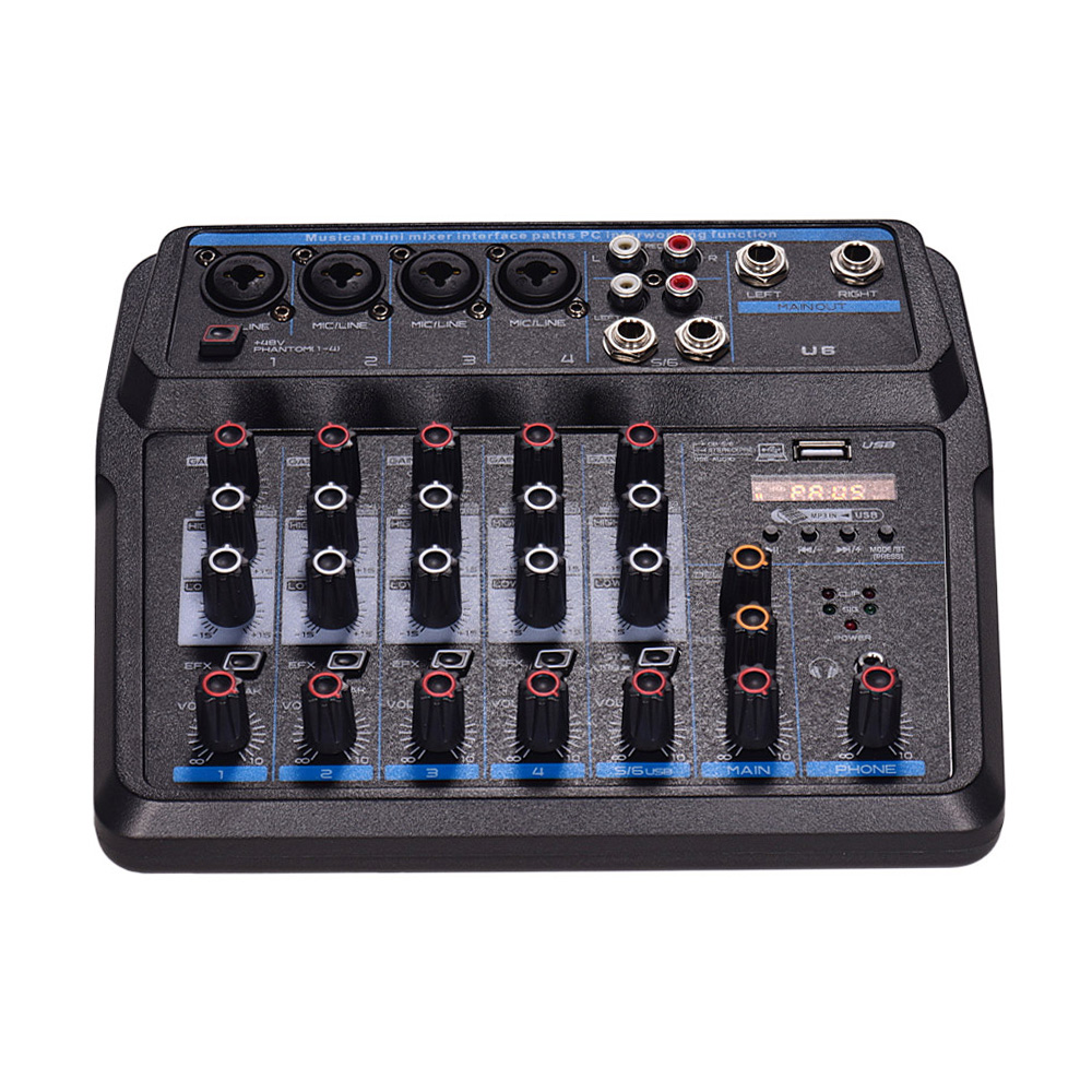 U6 musical mini mixer 6 channels audio mixers bt usb mixing console with sound card built-in 48v phantom power eu plug