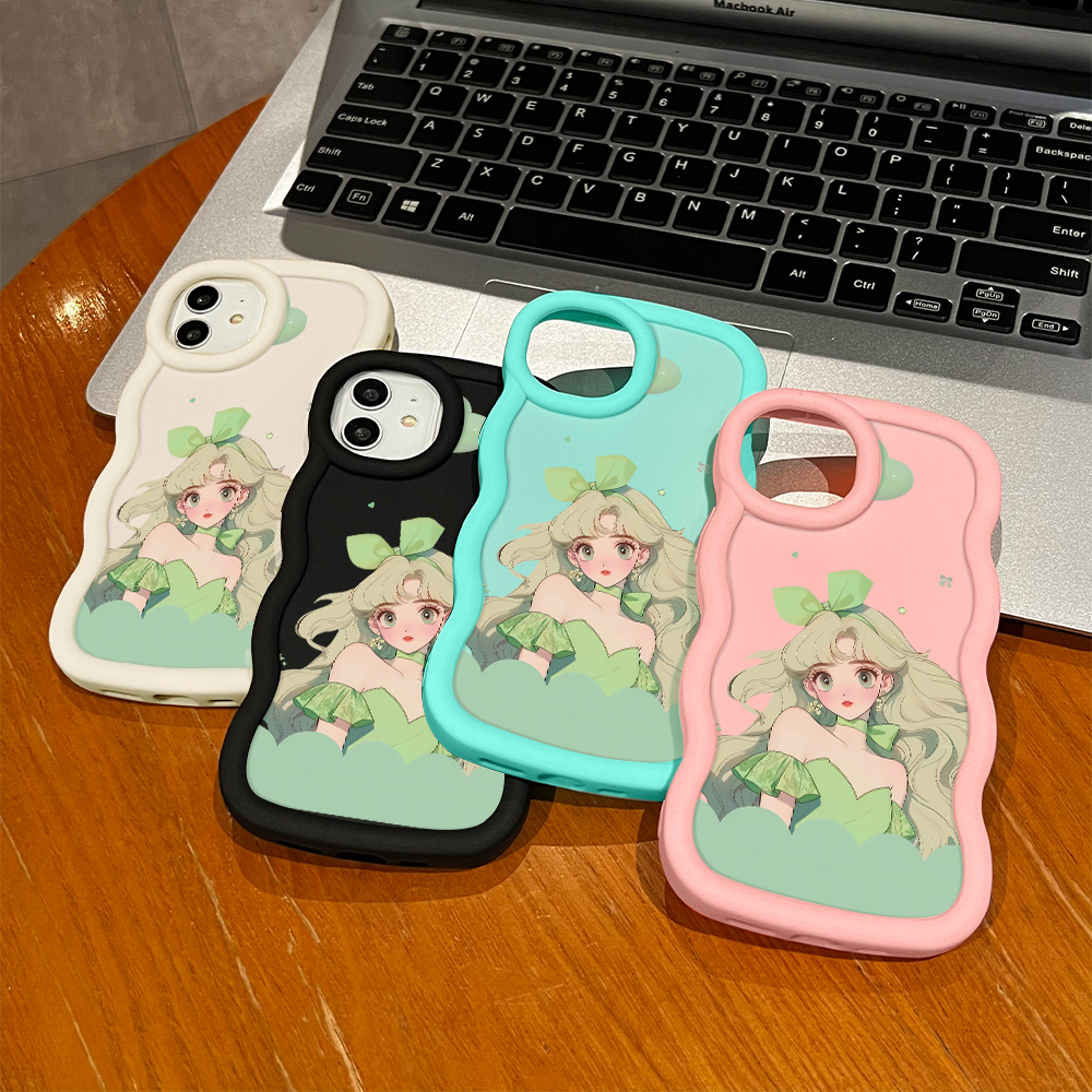 Jizetin for Realme C11 C15 C21Y C25Y C20A C2 C3 Realme 2 5i 5S 6i 9i 11 12 Pro+ OPPO A1K F9 Pro Back Cover Green Fairy Princess Pattern Macaron Bright Color Wavy Shape Soft Mobile Phone Cases.