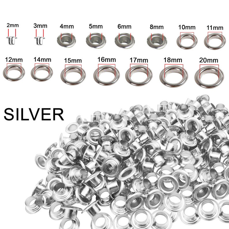 Khoen ore mắt cáo 3mm,4mm,5mm,6mm,7mm,9mm,10mm,11mm,12mm,13mm,14mm,15mm,16mm sắt xi bạc khuy oze bấm bạt túi 100 cái