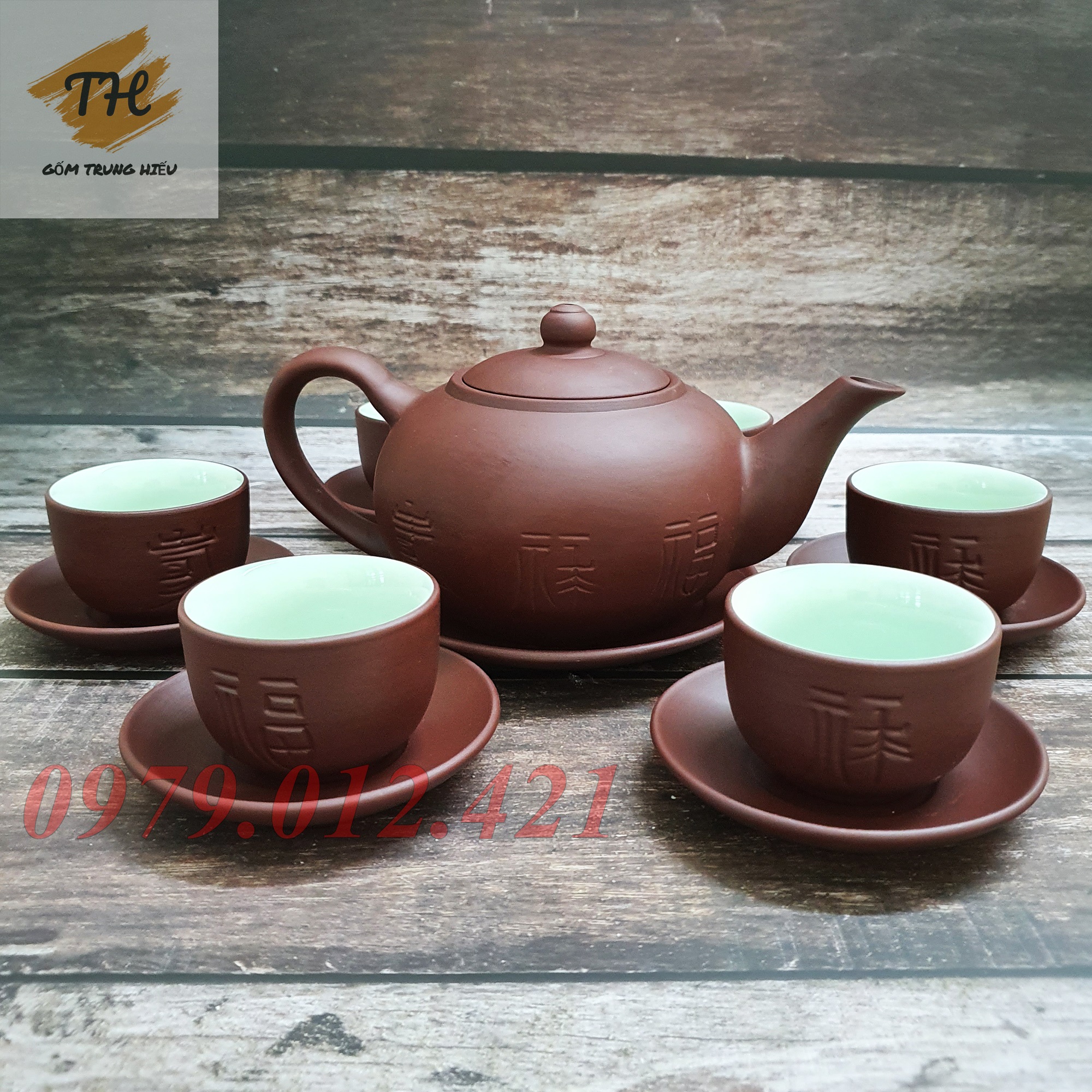 Bộ ấm chén tử sa bát tràng Phúc Lộc Thọ dung tích 400ml