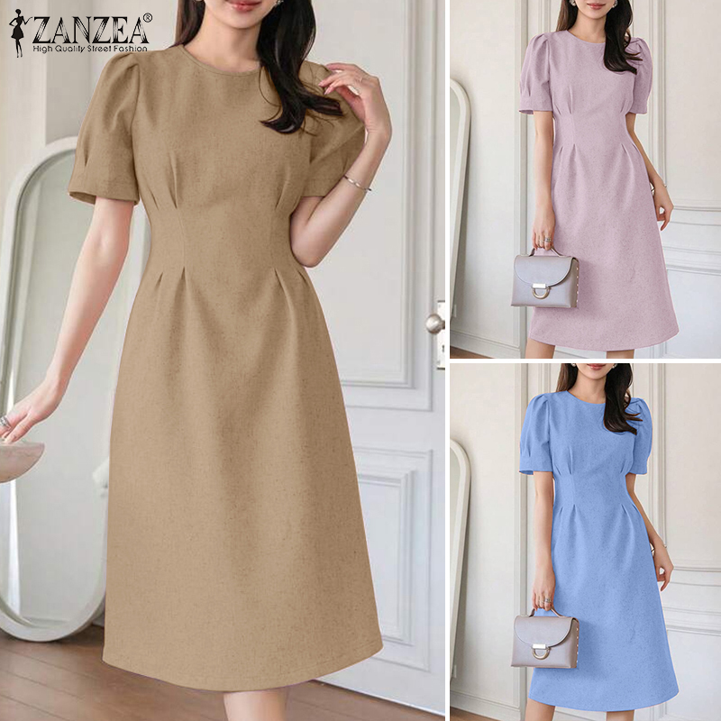 ZANZEA%20Korean%20Style%20Women%20Formal%20Office%20Plain%20Crew%20Neck%20Dresses%20Puff%20Sleeve%20Midi%20Dress%20#0609%20-%20Image%205