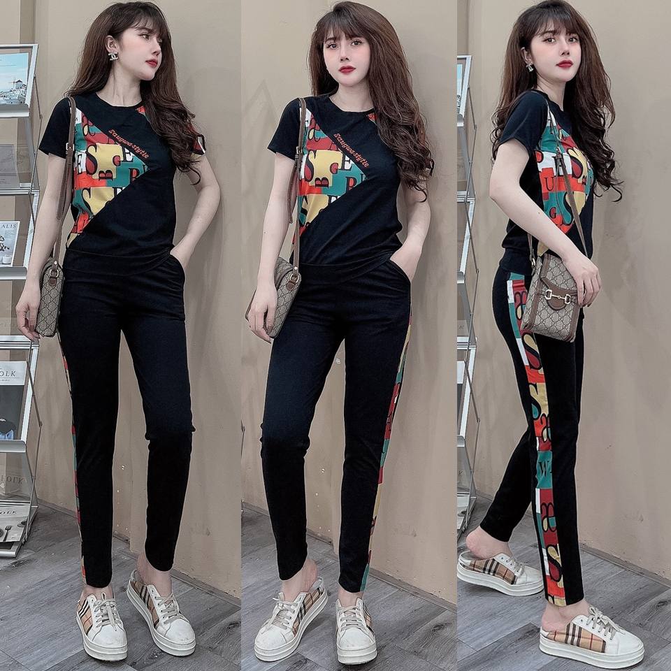 Đồ bộ thun cotton dài họa tiết xếp hình (2 màu đen, đỏ)