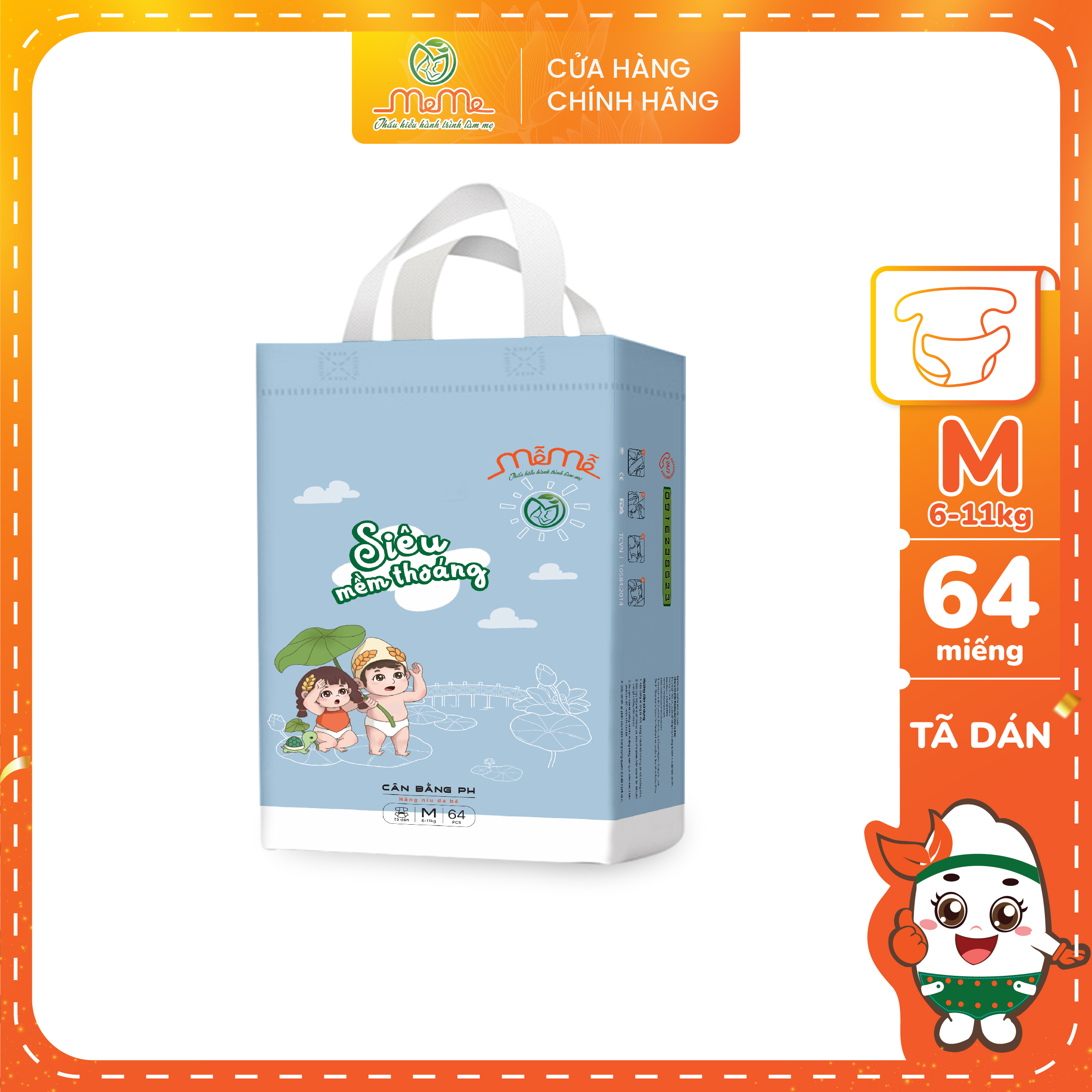 Tã bỉm dán mễ mễ siêu mỏng size m 64 miếng siêu thấm khô thoáng cho bé