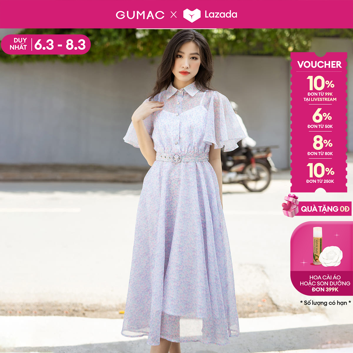[15 - 17.6 |Voucher 8-15%] Đầm nữ dáng A xòe GUMAC DD08077 phối tay kiểu