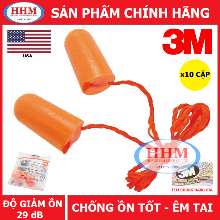 Bộ 5 cặp Nút tai chống ồn 3M 1110 - có dây(Orange)