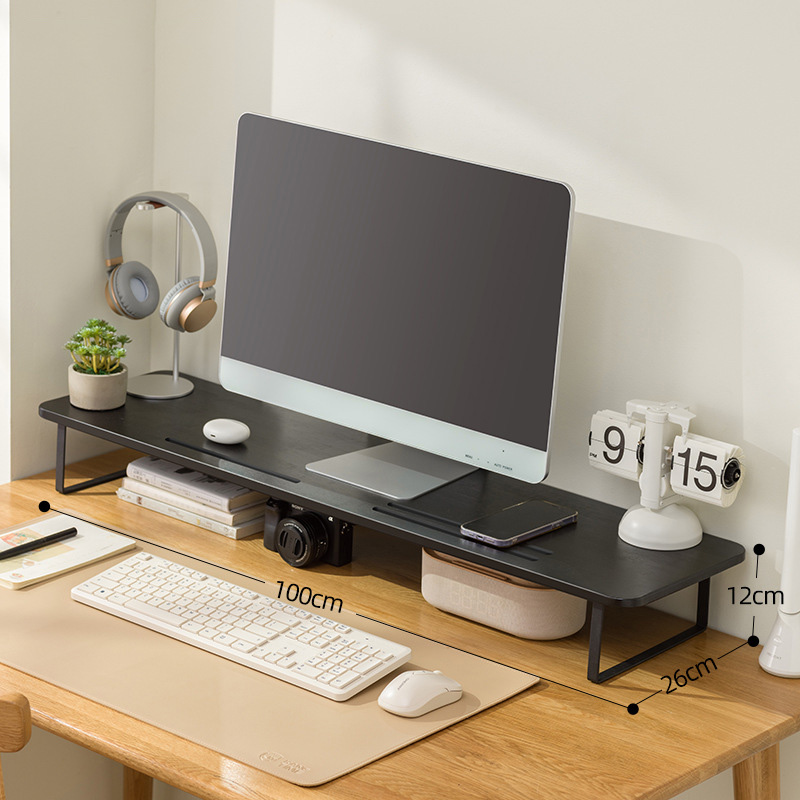 Desktop computers, elevated monitors, office desktops, storage shelves, raised bases, brackets, raised shelves