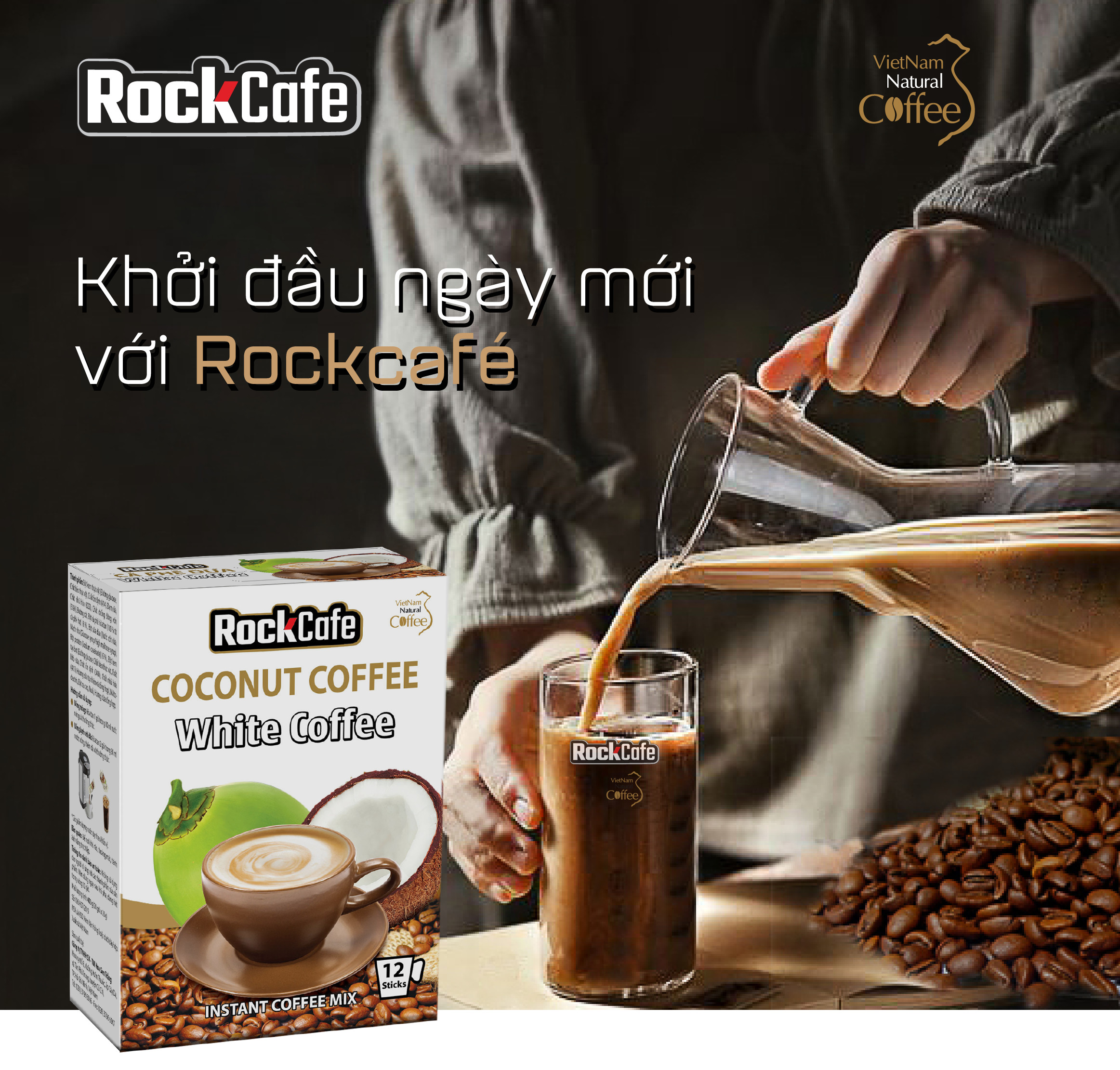 RockCafe - Cà phê hòa tan 3 trong 1 - Vị Dừa White Coffee độc đáo - Thơm ngon - Tinh khiết - Chuẩn vị cafe Việt -  Hộp 12 gói x 20 gr