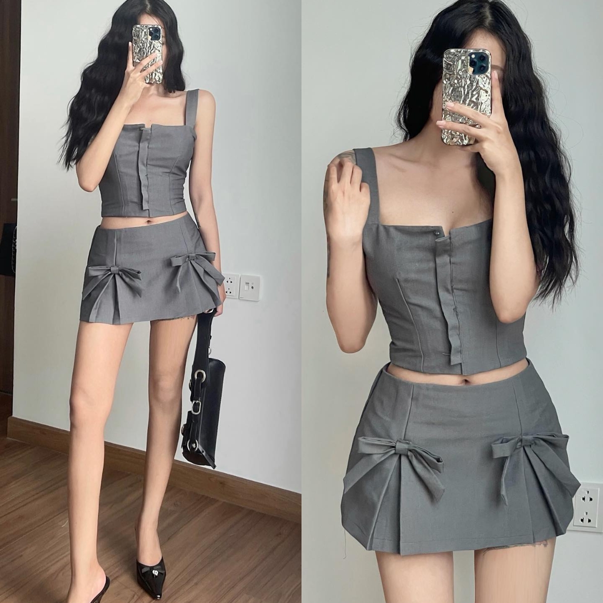 Chân Váy Cạp Trễ Xẻ Tà Đính 2 Nơ C084