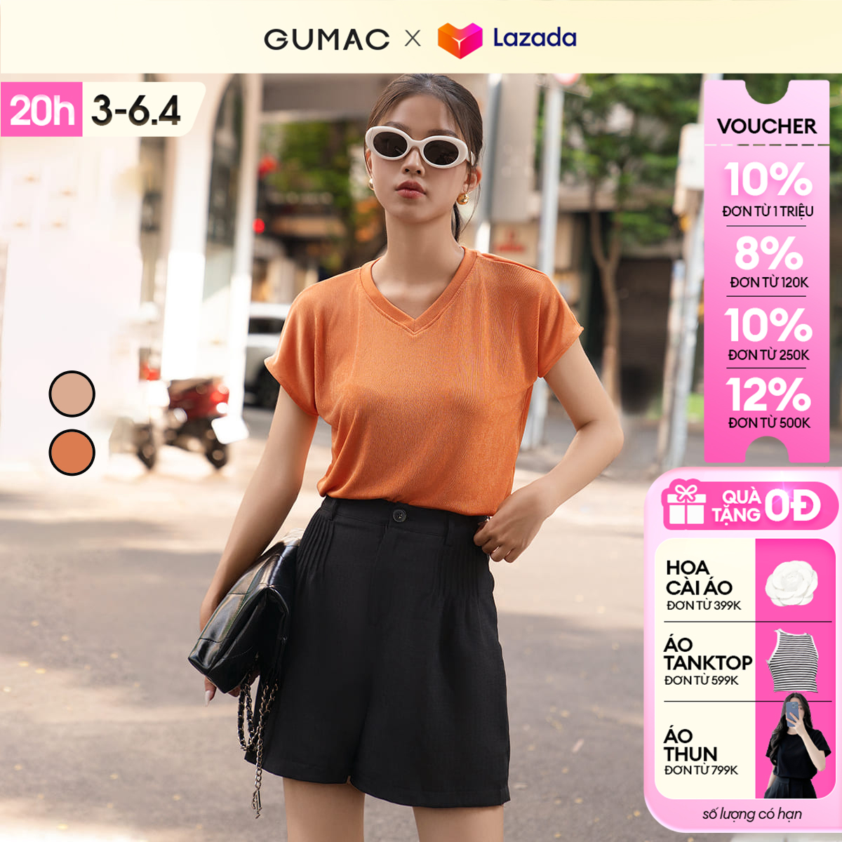 [15 - 17.4 |Voucher 8-12%] Áo thun nữ cổ tim thời trang GUMAC ATE05030