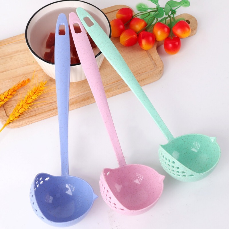 Multifunctional Wheat Straw Spoon 2-in-1 Long Handle Plastic Household Filter Cooking Colander Kitchen Accessories