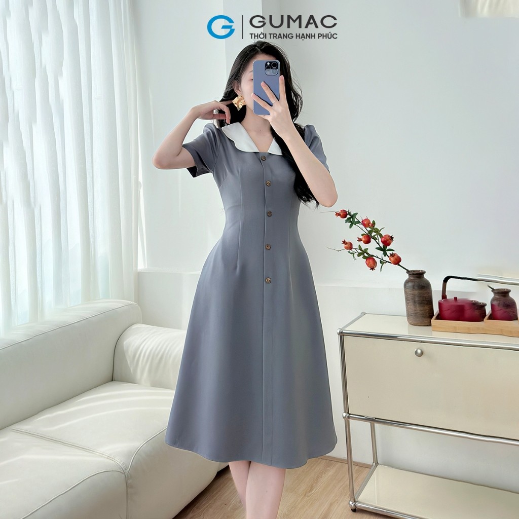 [MUA 2 GIẢM THÊM 50K] Đầm Dáng A Nữ GUMAC Váy Công Sở Phối Bâu Trắng Dáng Dài Qua Gối LDD1214