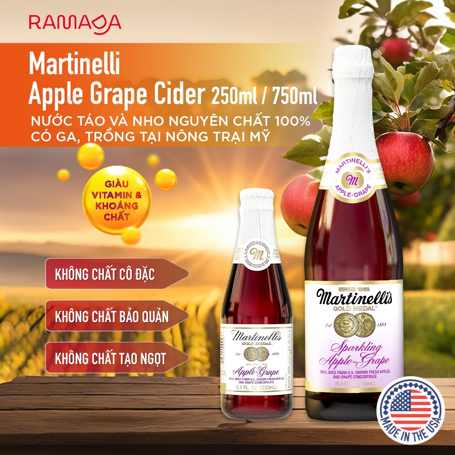 Nước ép táo nho nguyên chất lên men có ga Martinellis Apple Grape Cider 250ml
