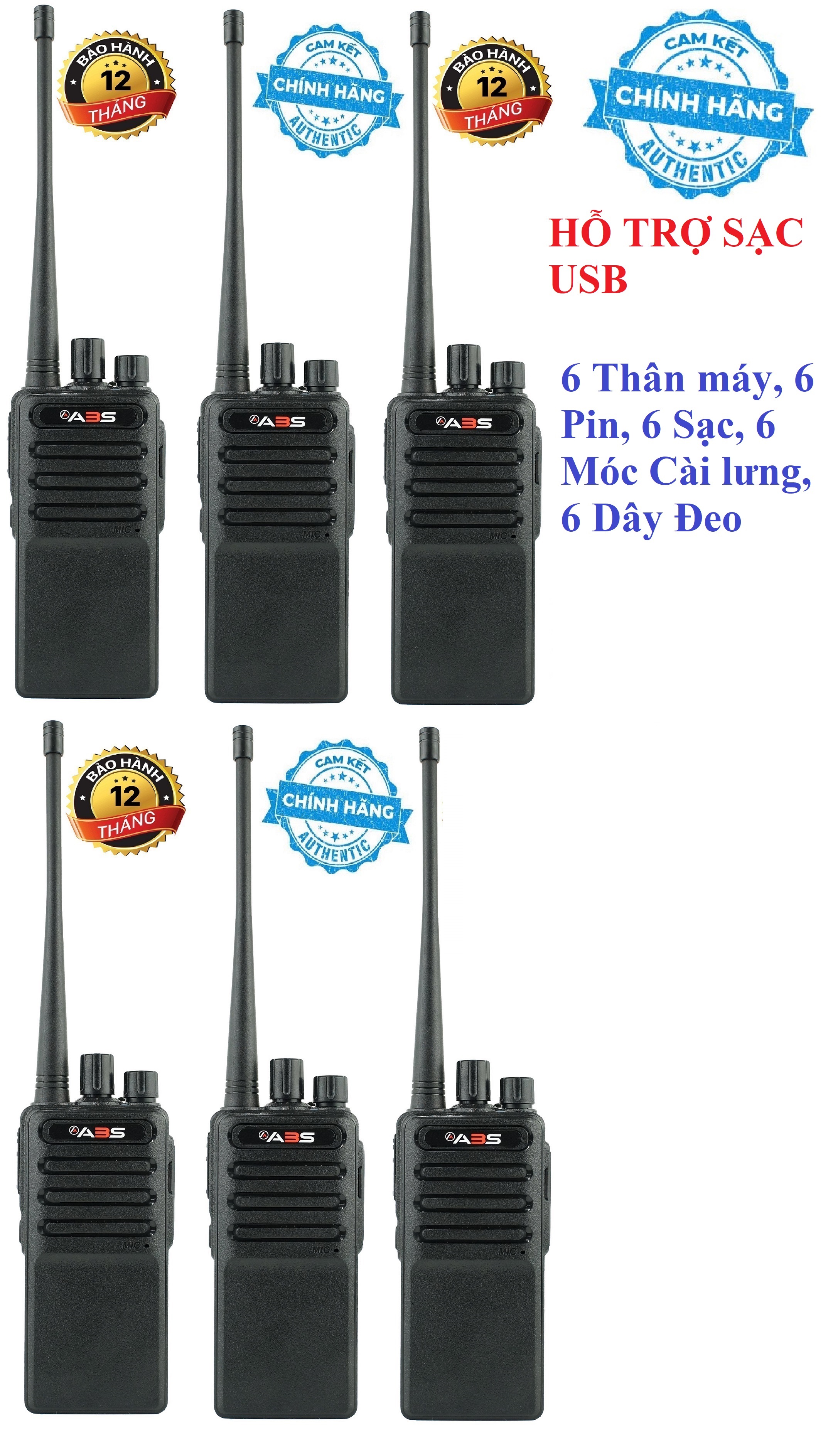Bộ 6 Bộ đàm chất lượng cao ABS CP6688-(Sạc đế đi kèm mỗi máy, Hỗ trợ cổng sạc USB)