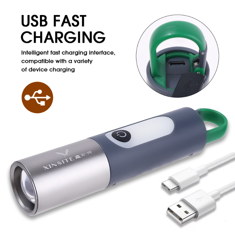 Đa chức năng Móc chìa khóa có đèn siêu sáng đèn pin LED có thể sạc qua USB Cắm Trại Di động ngoài trời đèn câu cá