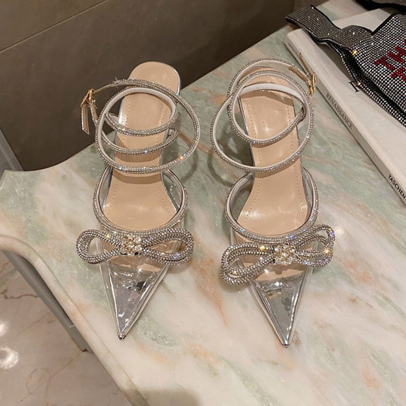 Women's European plus Size Transparent Rhinestone Bow Pointed Mid Heel Wedding Bridal High Heels 7cm