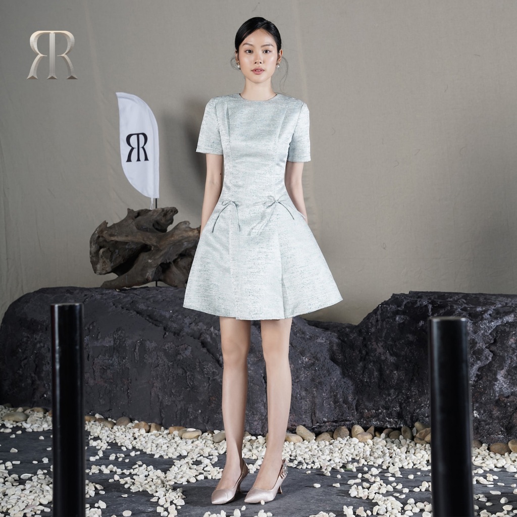 Rập - đầm cổ tròn tay ngắn tùng xòe đính nơ eo - prime 24