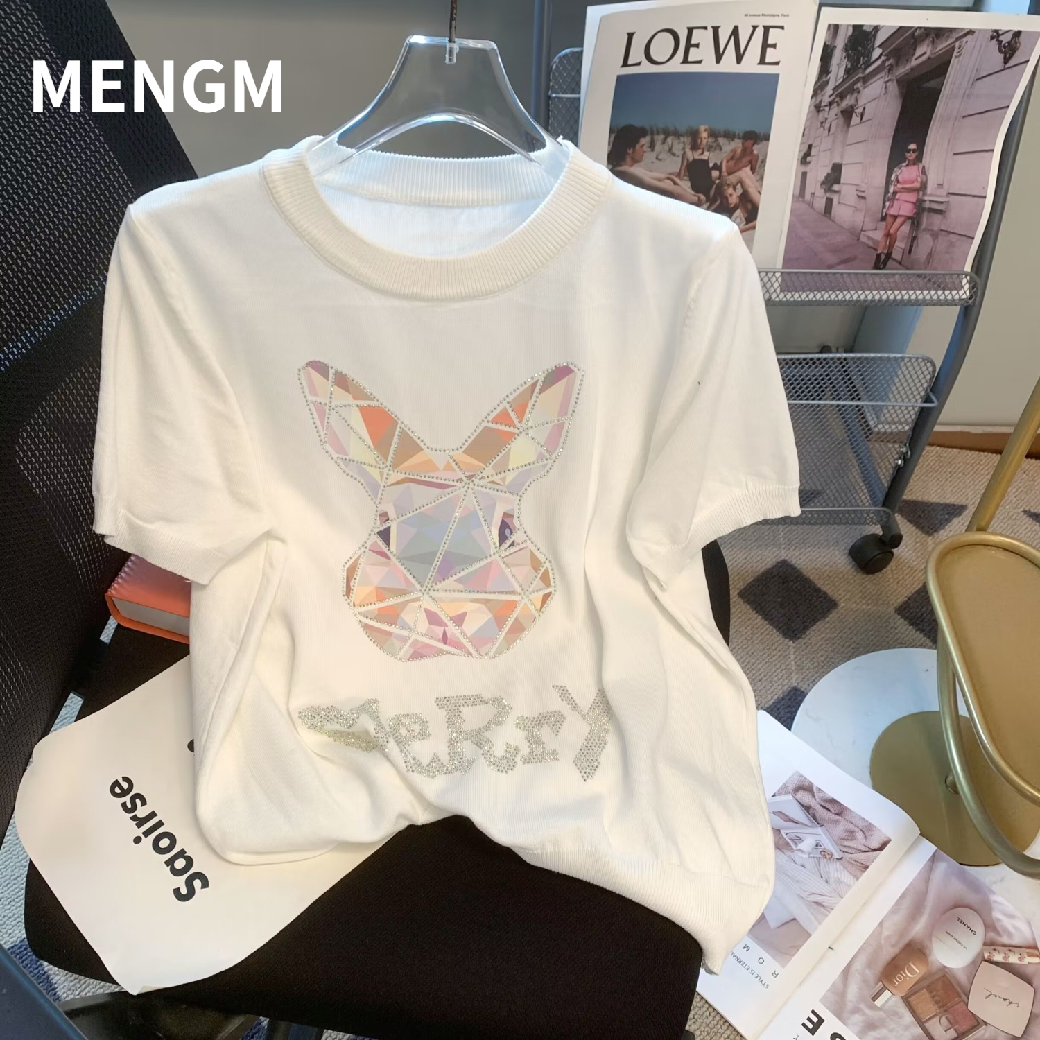 Rabbit hot diamond short-sleeved sweater for women 2023 new design loose casual top