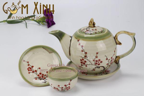 Bộ ấm chén Bát Tràng Chóp lửa men da lươn vẽ hoa đào