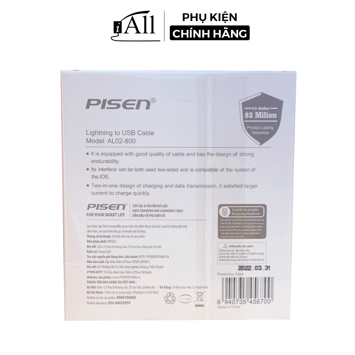 Cáp sạc iphone lightning USB Pisen AL02-800 - iAll Store