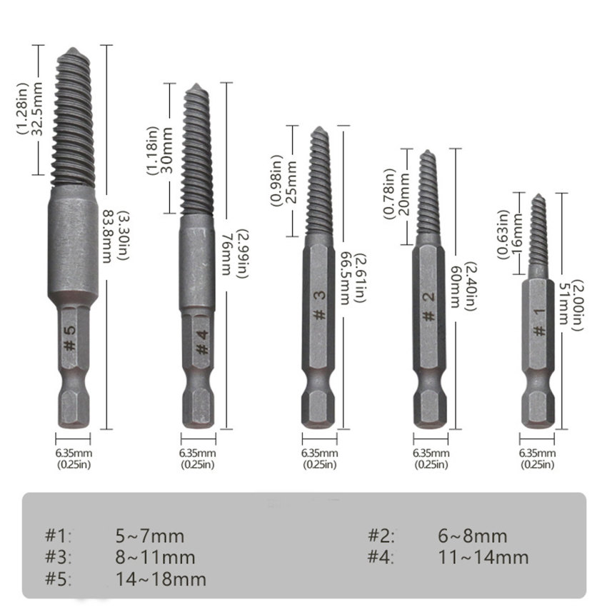 ⭐5pcs⭐ Hex Screw Extractors Power Tool Broken Damaged Screw Extractor Drill Bit Guide Set Broken Bolt Remover Easy Out Set