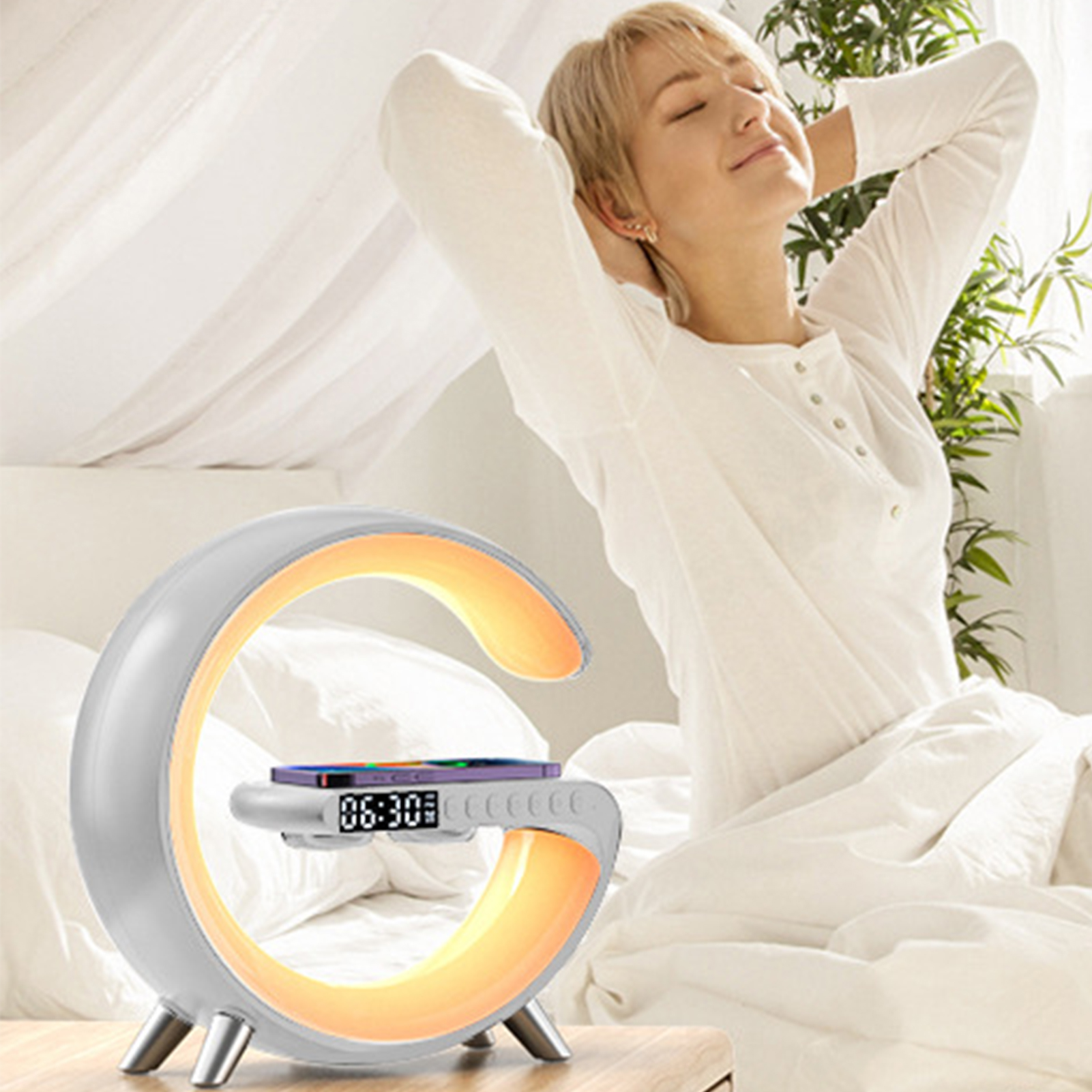 Intelligent G-shaped Bluetooth-compatible Speaker Digital Display Screen Alarm Clock Speaker for Women Men Bedroom Living Room