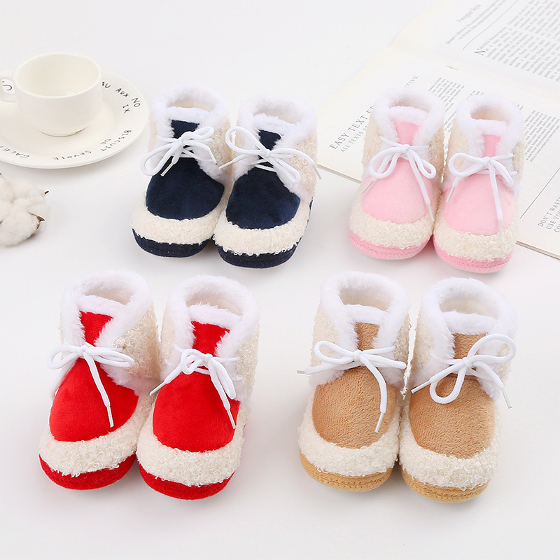 Baby Cute Thickened Plush Boots Flat Shoes Infant Girls Boys Tie-Up Non