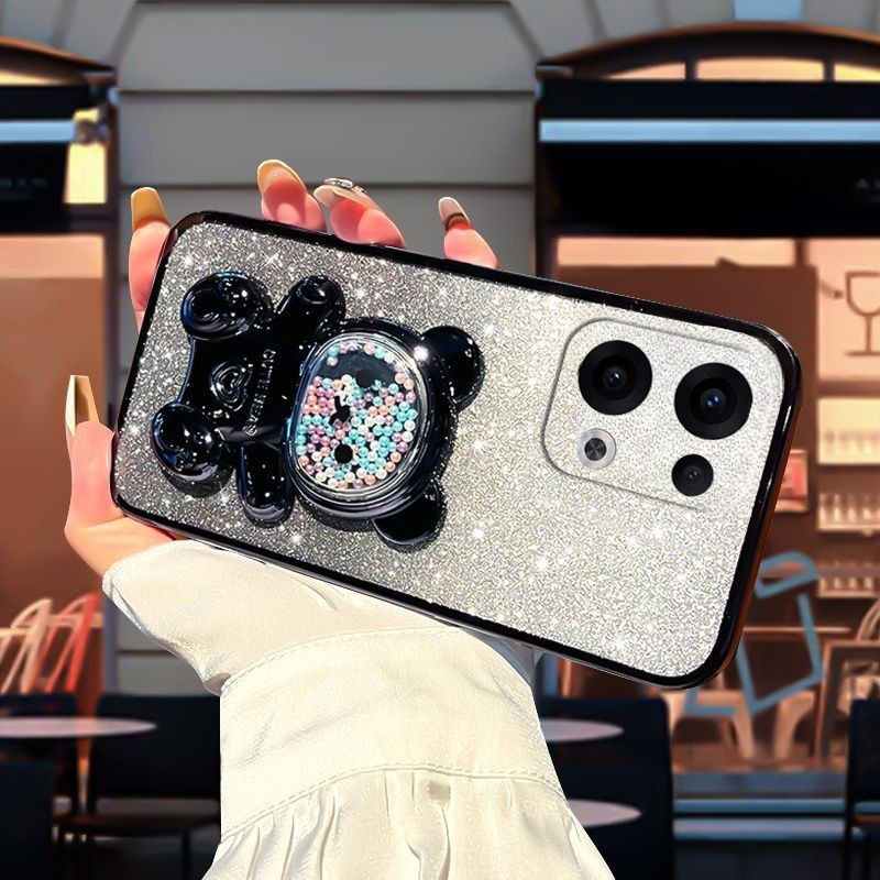 For OPPO Reno 13 Pro 13F Case with Gradient 3D Bear Folding Stand Bracket Luxury Slim 6D Plating Glitter Girls for OPPO Reno 13F 13 Pro Back Cover.