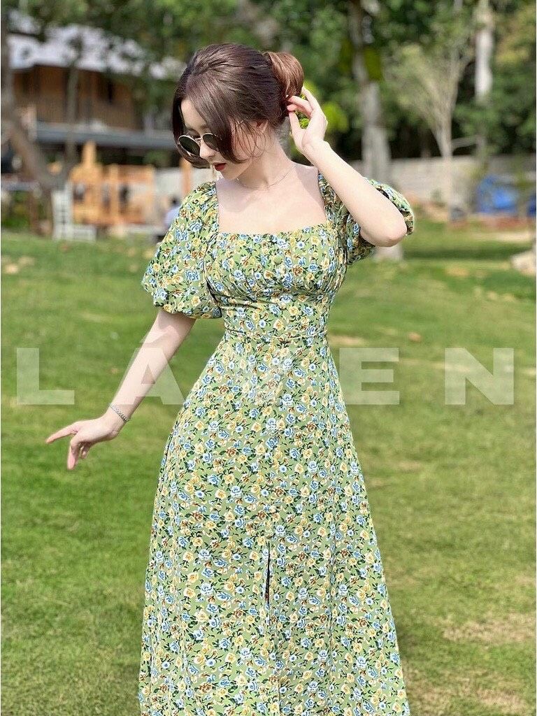 Đầm tiểu thư hoa nhí cổ vuông, đầm nữ tay phồng, đầm vintage hoa xanh, đầm nữ xẻ tà, đầm công chúa, đầm maxi hoa đi biển sang chảnh