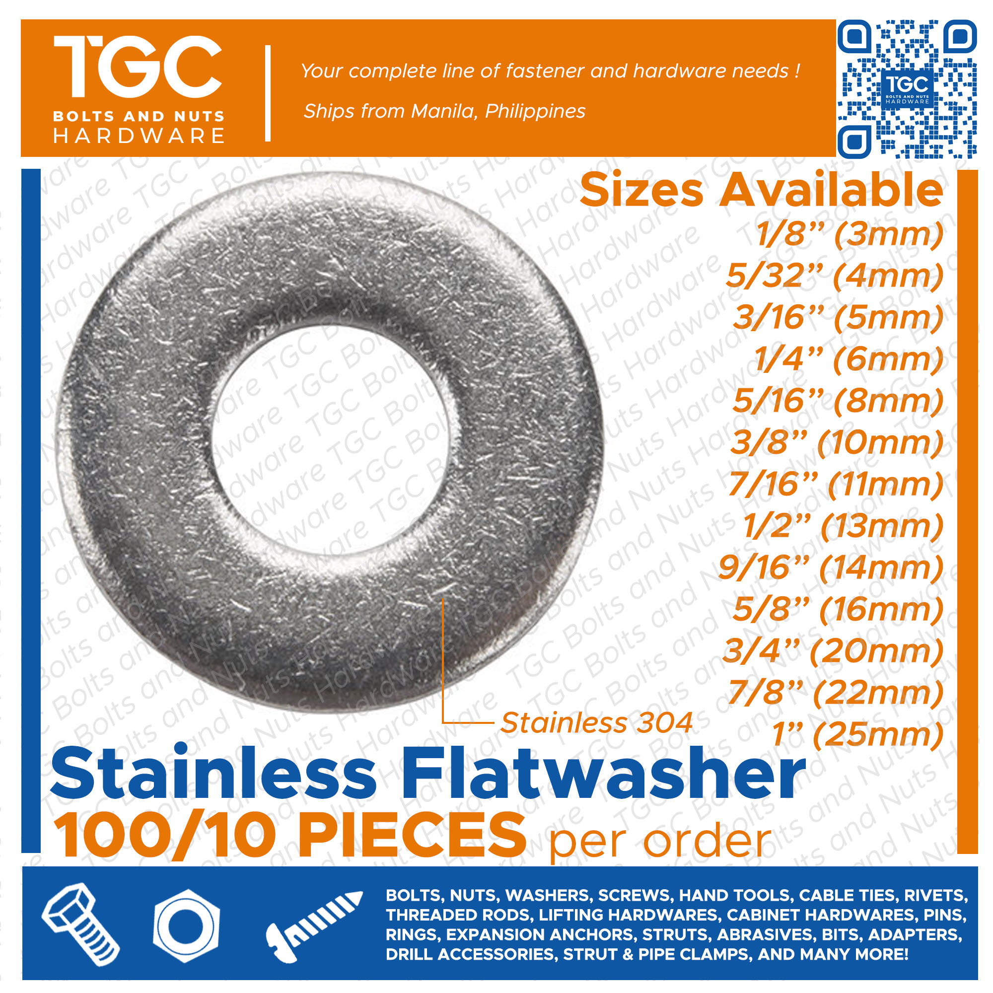 TGC 100PCS 1/8 to 1 inch M3 , M4 , M5 , M6 , M8 , M10 , M12 , M14 , M16 , M18 , M20 , M22 , M24